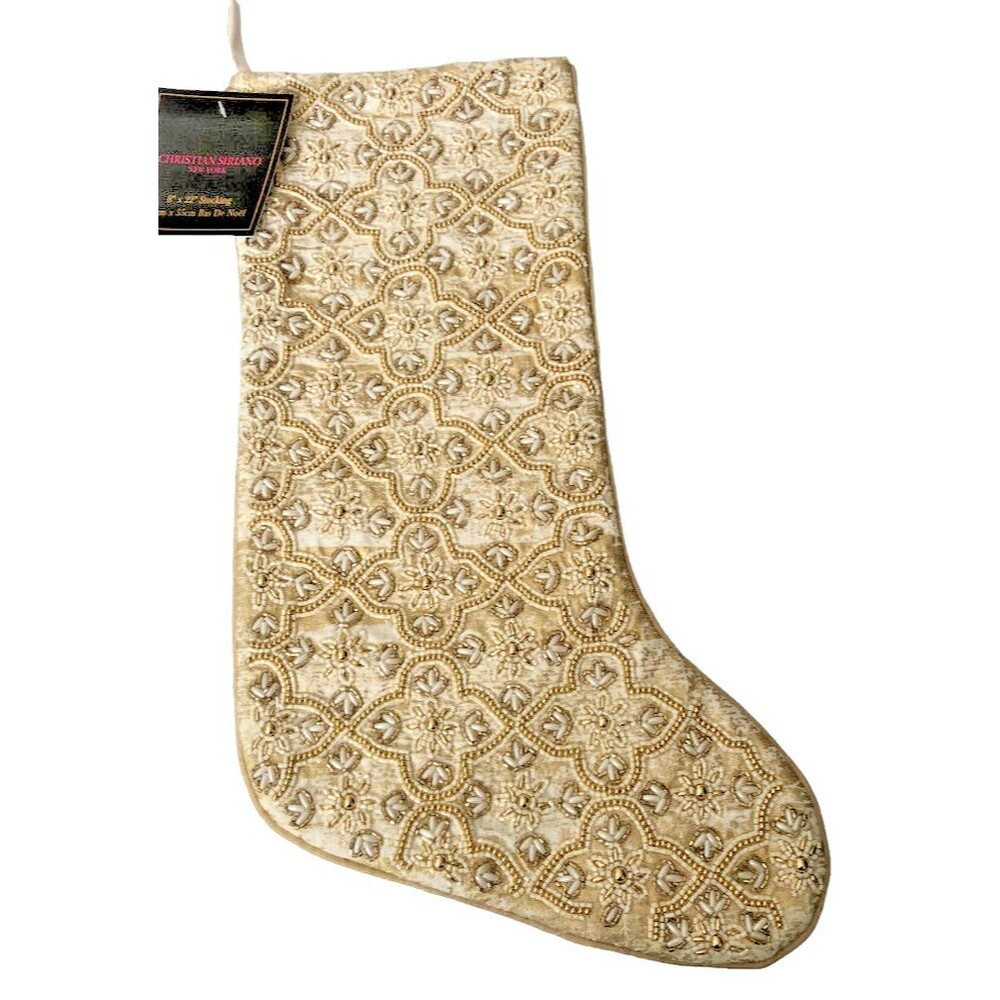 Christian Siriano Christmas Stocking 22" Gold White Beaded Front Accents Beige